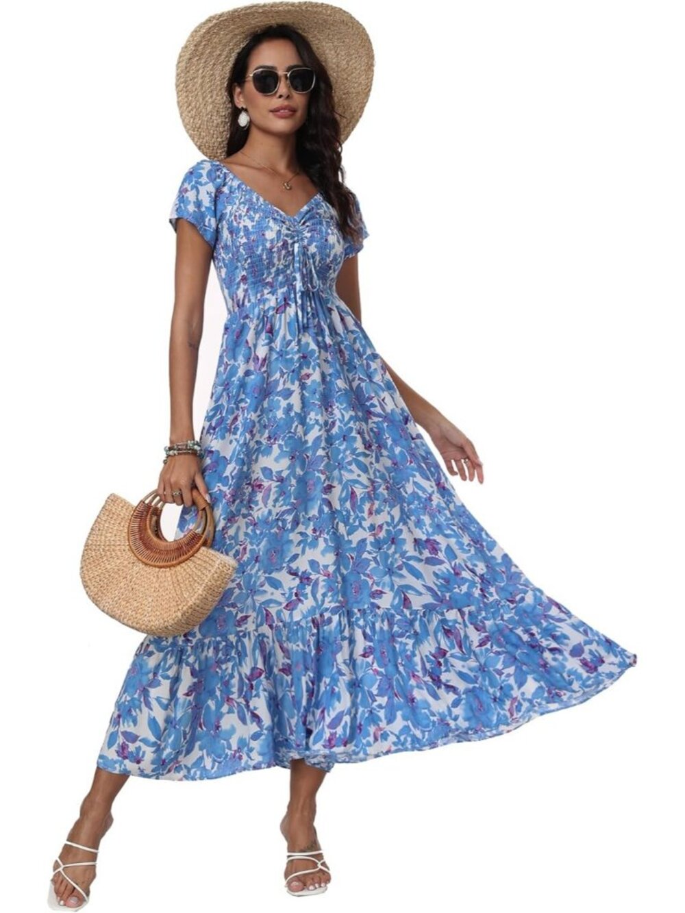 Women's White Floral Smocked Maxi Boho Flowy Tiered A-Line Party Long Dress